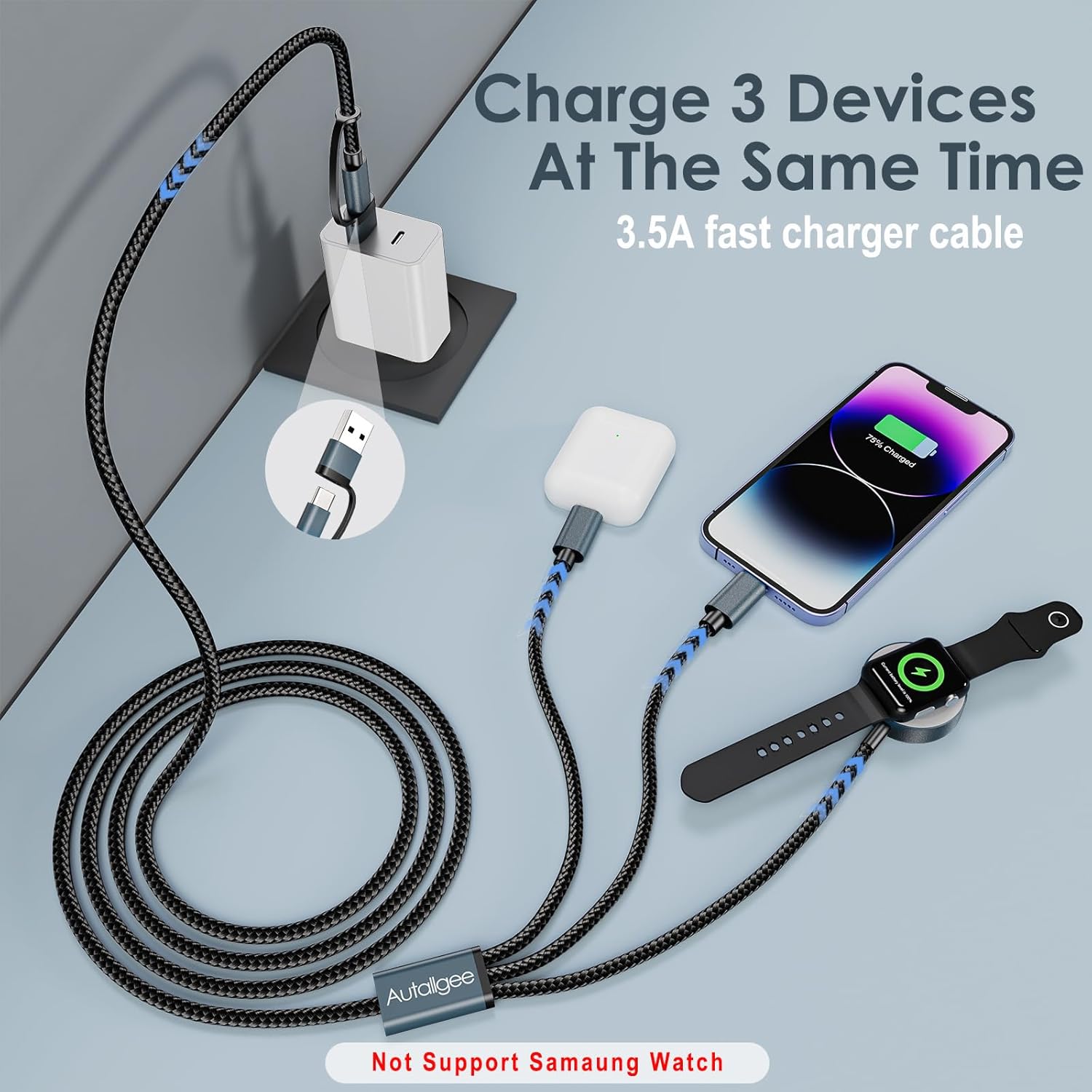 Upgraded 3 in 2 Multi Charging Cable for Apple Watch Charger iWatch Travel Essentials Multi Fast Charging Cable Compatible with iWatch Ultra/SE/10/9/8/7/6/5/4/3/2/1,iPhone16/15/14/13/Galaxy S24 [4FT]