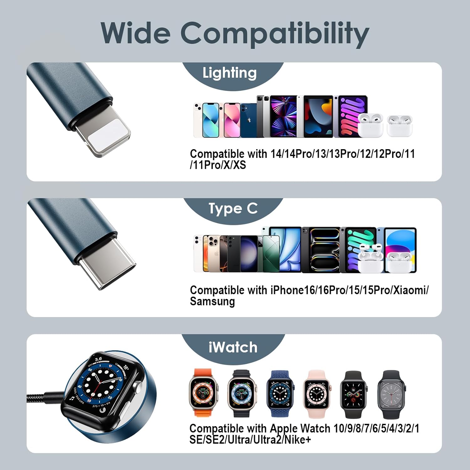 Upgraded 3 in 2 Multi Charging Cable for Apple Watch Charger iWatch Travel Essentials Multi Fast Charging Cable Compatible with iWatch Ultra/SE/10/9/8/7/6/5/4/3/2/1,iPhone16/15/14/13/Galaxy S24 [4FT]