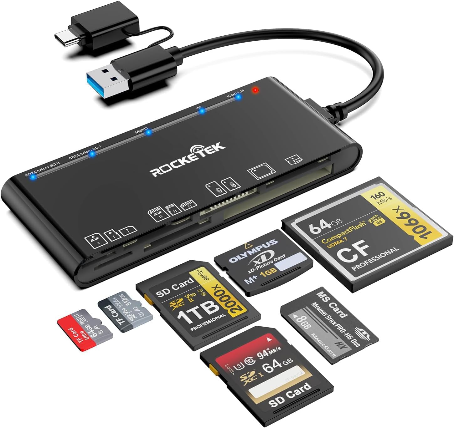 USB 3.0 Multi Card Reader for SD/Micro SD/TF/XD/CF/MS - 7-in-1 Memory Card Reader/Adapter for Windows, Mac, Linux (USB-A)