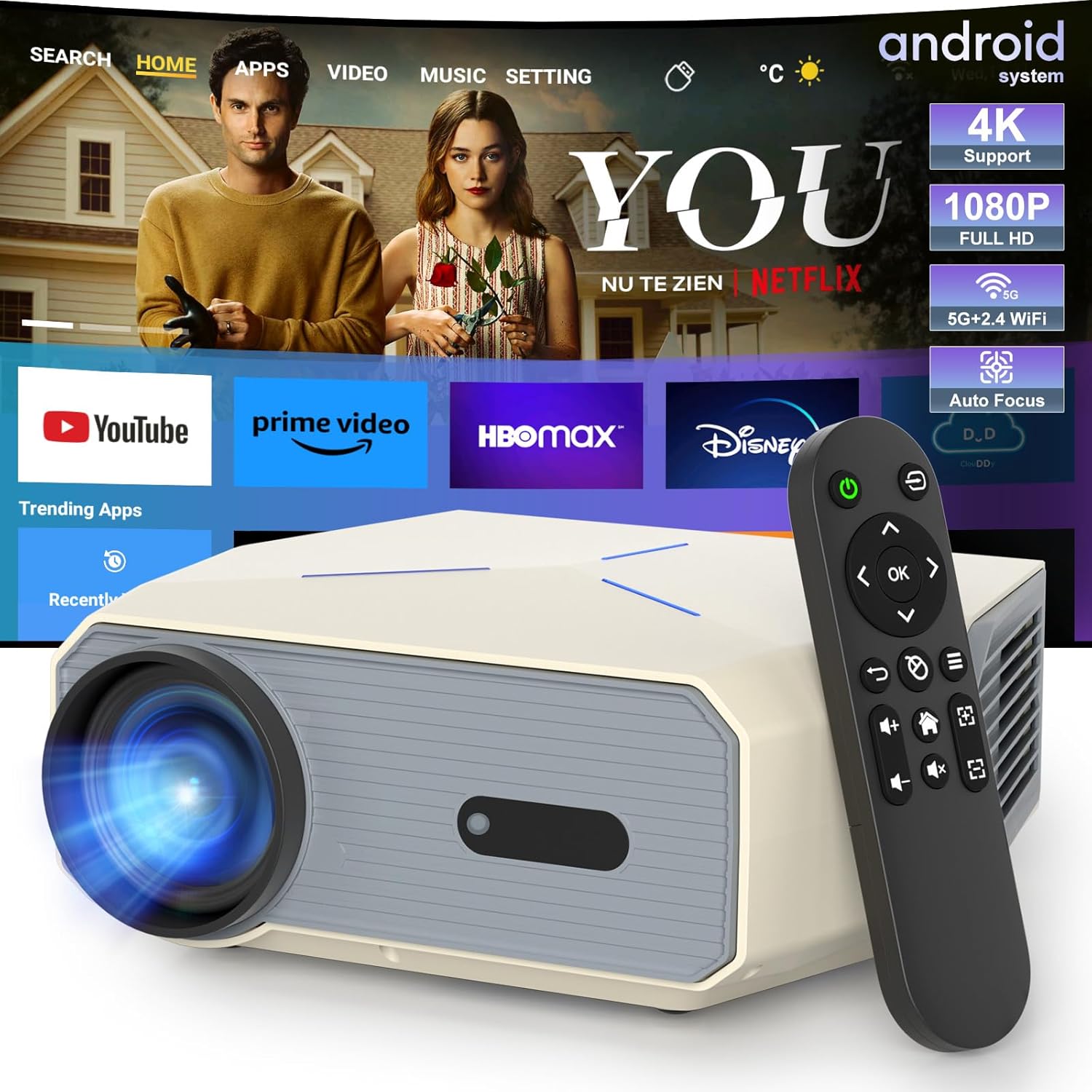 Projector with WiFi and Bluetooth, Auto Focus & Keystone, Native 1080P 12000L 4K Support, Outdoor Movie Projector for Home Theater UP to 250" Display, for HDMI/USB/iOS/Android/Laptop/TV Stick