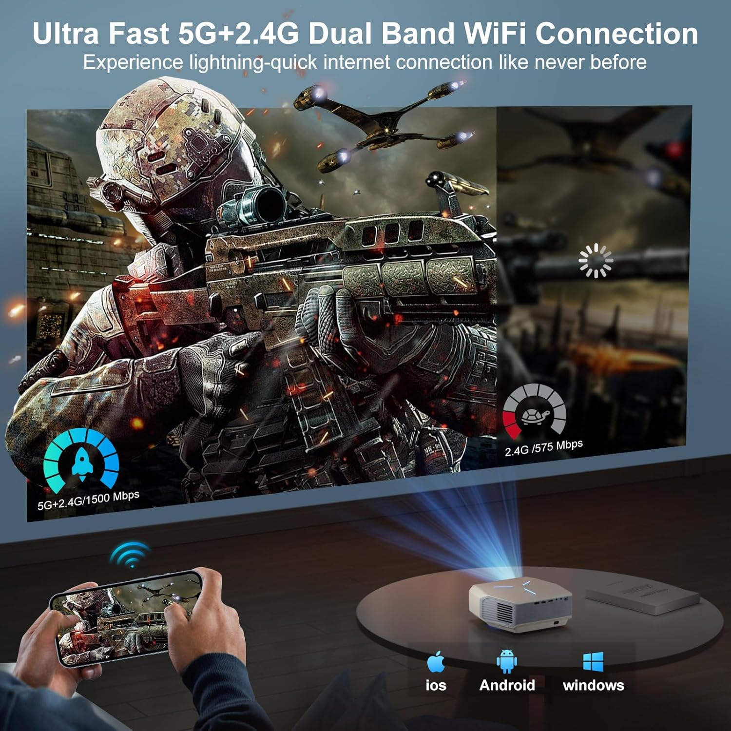 Projector with WiFi and Bluetooth, Auto Focus & Keystone, Native 1080P 12000L 4K Support, Outdoor Movie Projector for Home Theater UP to 250" Display, for HDMI/USB/iOS/Android/Laptop/TV Stick