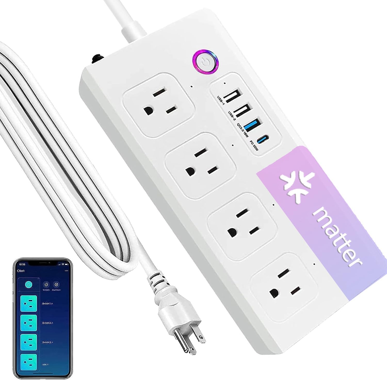WiFi Smart Power Strip,Surge Protector with 3 USB Ports 1 Type C (PD 20W) & 4 AC Outlets Compatible with Alexa, Google Assistant Voice Control, No Hub Required White
