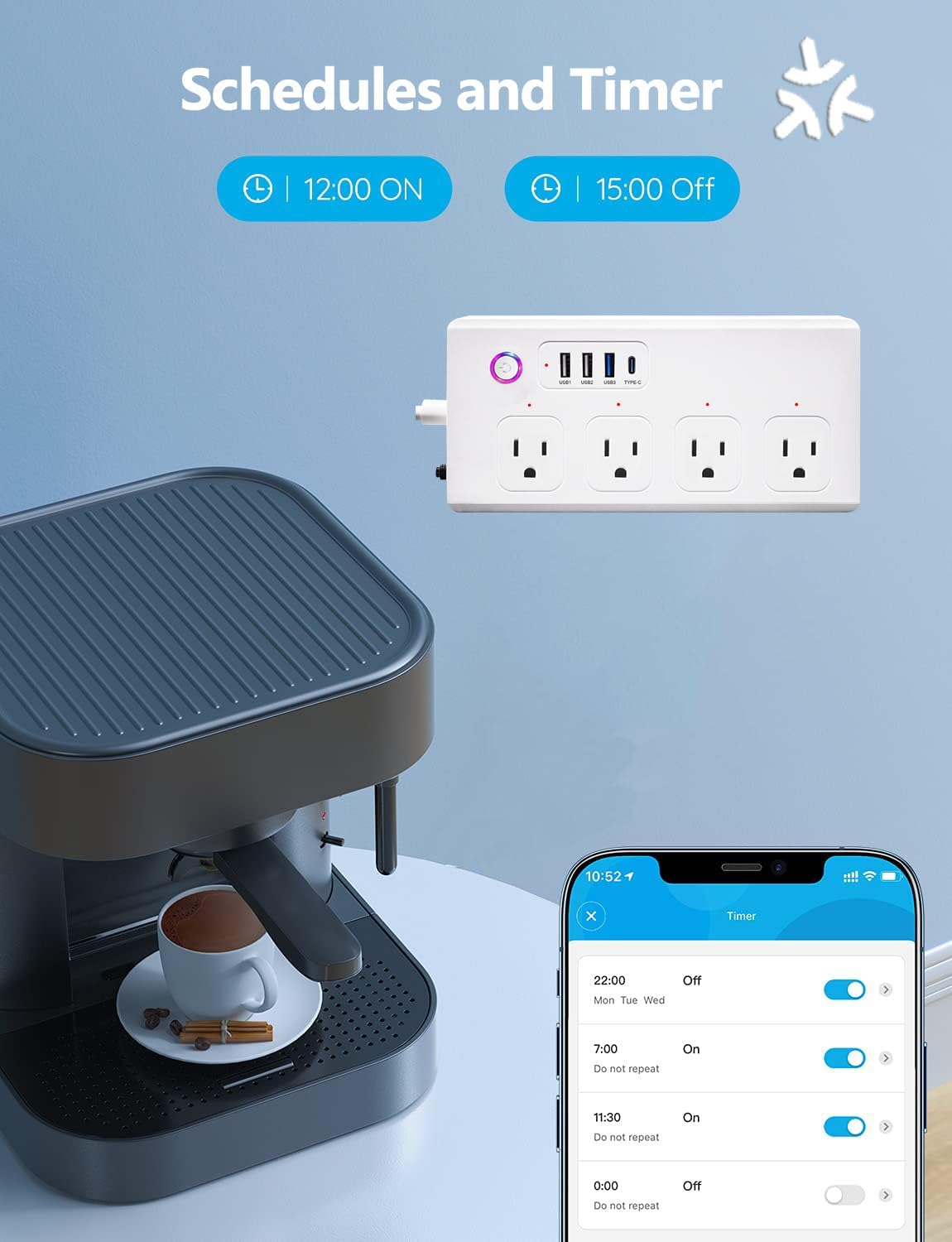 WiFi Smart Power Strip,Surge Protector with 3 USB Ports 1 Type C (PD 20W) & 4 AC Outlets Compatible with Alexa, Google Assistant Voice Control, No Hub Required White