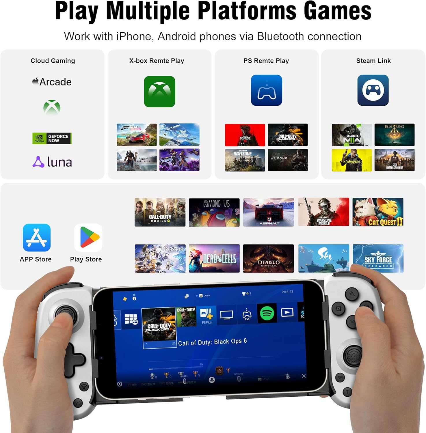 Wireless Phone Controller for iPhone/Android, Mobile Game Controller with Hall Joystick Suitable for Xbox Cloud Gaming, PS Remote Play, Steam Link, Call of Duty & More