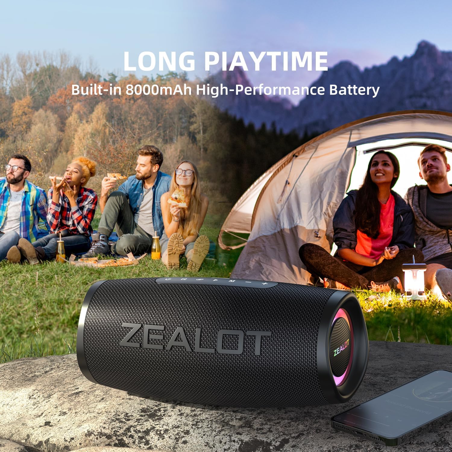 ZEALOT IPX7 Waterproof Bluetooth Speaker 50W: 20H Playtime, BassUp Tech, Wireless Stereo Sound for Poolside, Camping Movie Night, RV Trips - Perfect for Outdoor Enthusiasts, Birthday Gifts