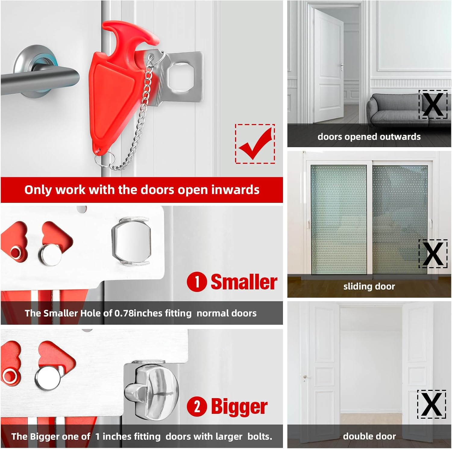 Portable Door Stop Alarm and Traveling Hotel Door Lock, No Installation Required, Provides Double Security for Home, Hotel and Traveling