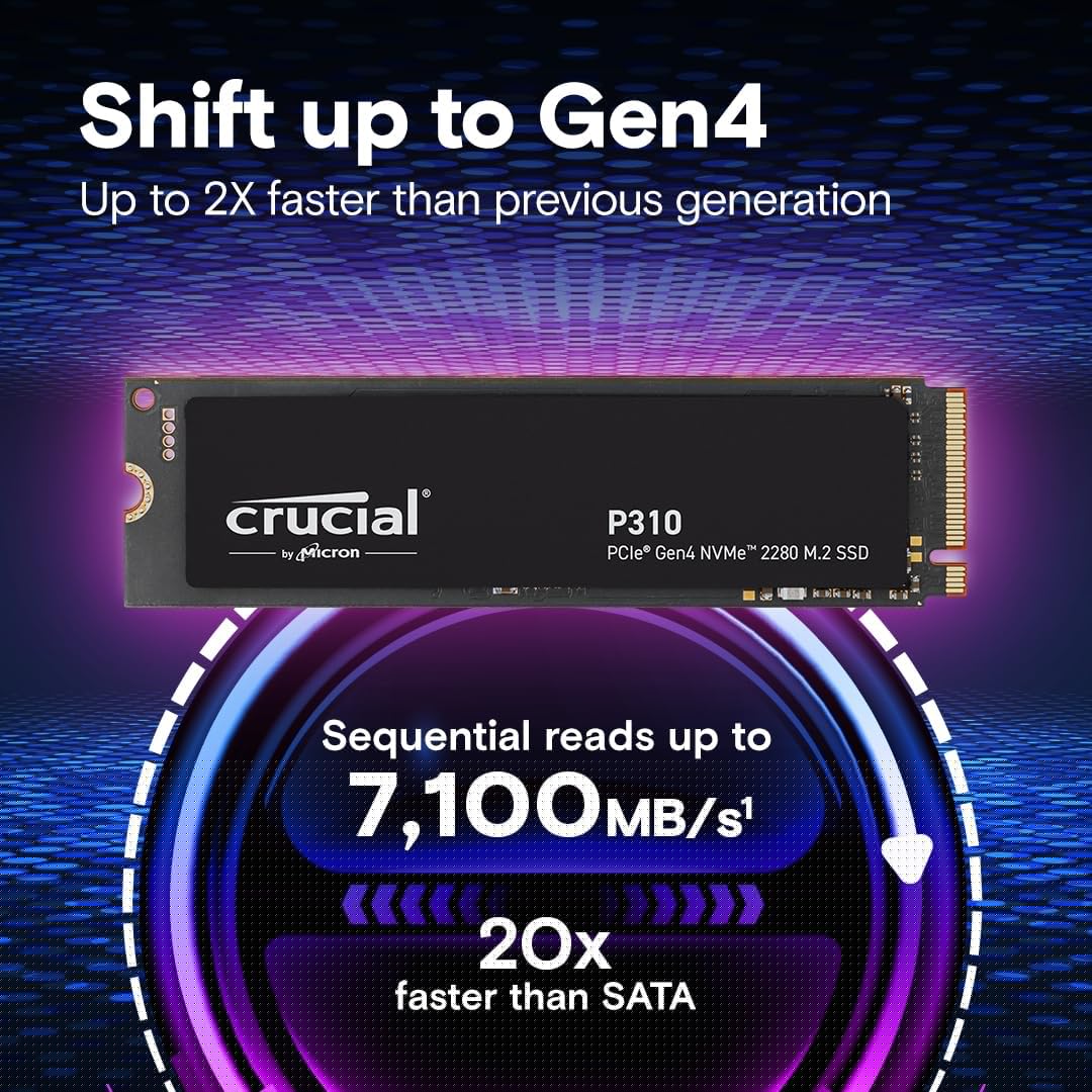 Crucial P310 1TB 2280 PCIe Gen4 3D NAND NVMe M.2 SSD – Up to 7,100 MB/s – Shift up to Gen4, with Acronis Offer, Internal Solid State Drive (PC) – CT1000P310SSD801