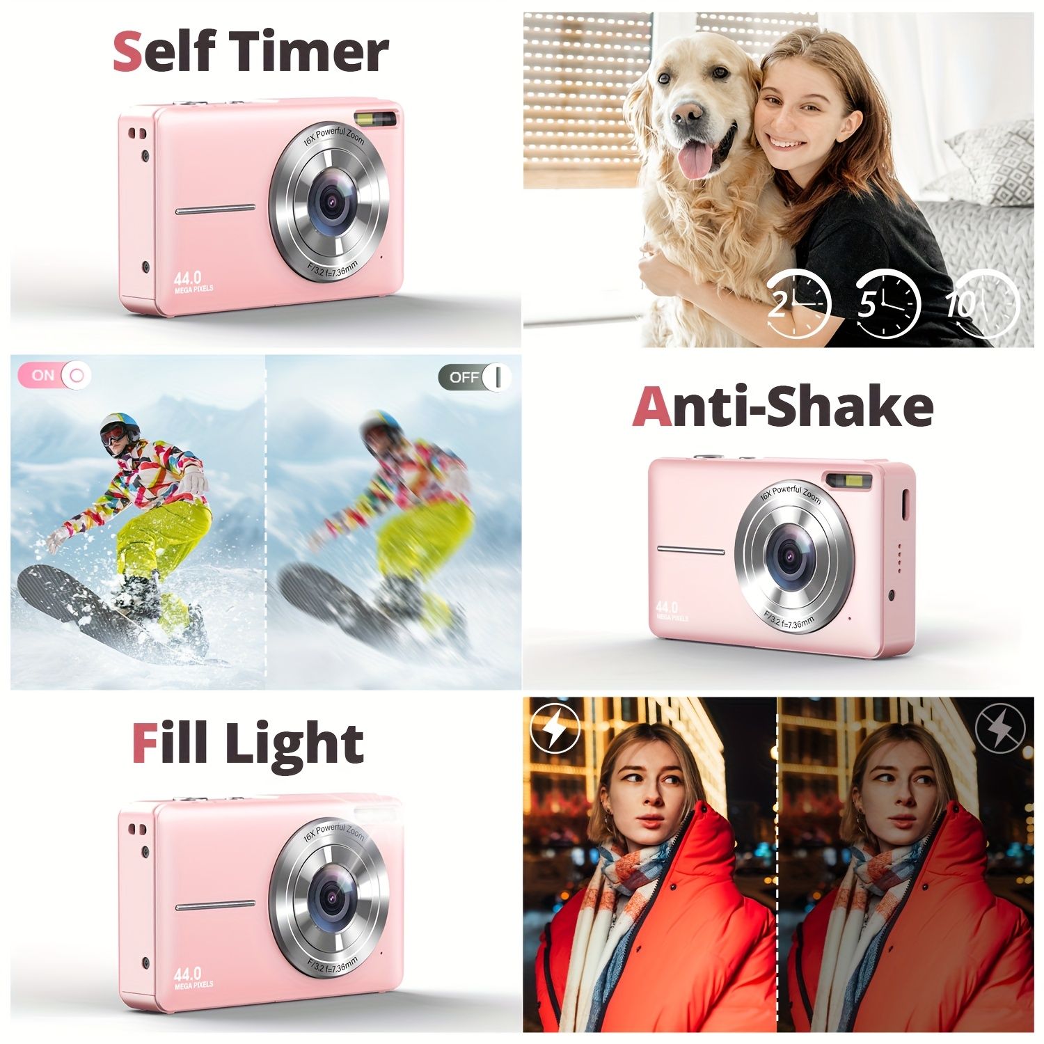 STUOGYUM DC403 Rechargeable Digital Camera with 16X Zoom, 1080P 44MP Camera - Compact Size, OLED Display, USB Charging for Beginners Photography, Live View, Amateur