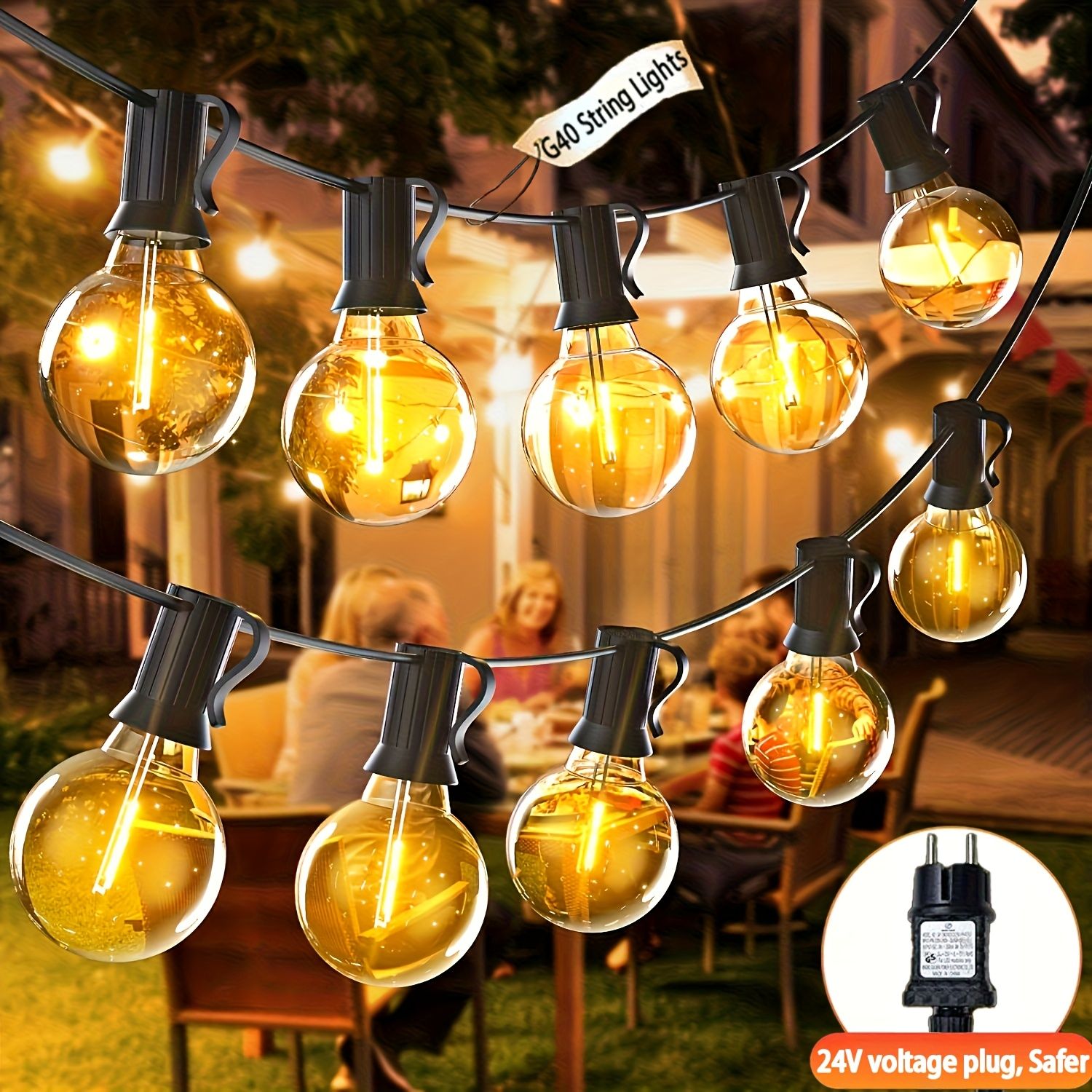 30+2 LED String Lights, 24V low voltage pulg in power supply Globe Lights String Terrace Lamp with Edison Bulbs, Hanging Bistro Light for Outside Balcony Party Wedding Market Cafe, Decorative lights
