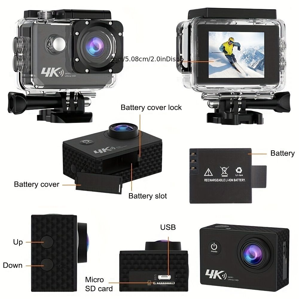 4K Ultra HD Action Camera with WiFi, 32GB Memory Card Included, Transparent Underwater Sports Camera, Digital Zoom, Automatic Focus, LCD Display, Rechargeable Battery, Ideal for Outdoor Adventures