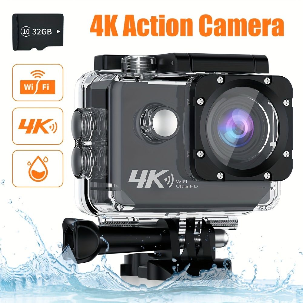 4K Ultra HD Action Camera with WiFi, 32GB Memory Card Included, Transparent Underwater Sports Camera, Digital Zoom, Automatic Focus, LCD Display, Rechargeable Battery, Ideal for Outdoor Adventures