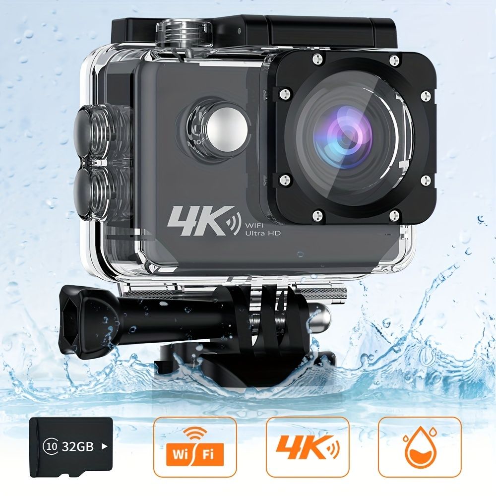 4K Ultra HD Action Camera with WiFi, 32GB Memory Card Included, Transparent Underwater Sports Camera, Digital Zoom, Automatic Focus, LCD Display, Rechargeable Battery, Ideal for Outdoor Adventures