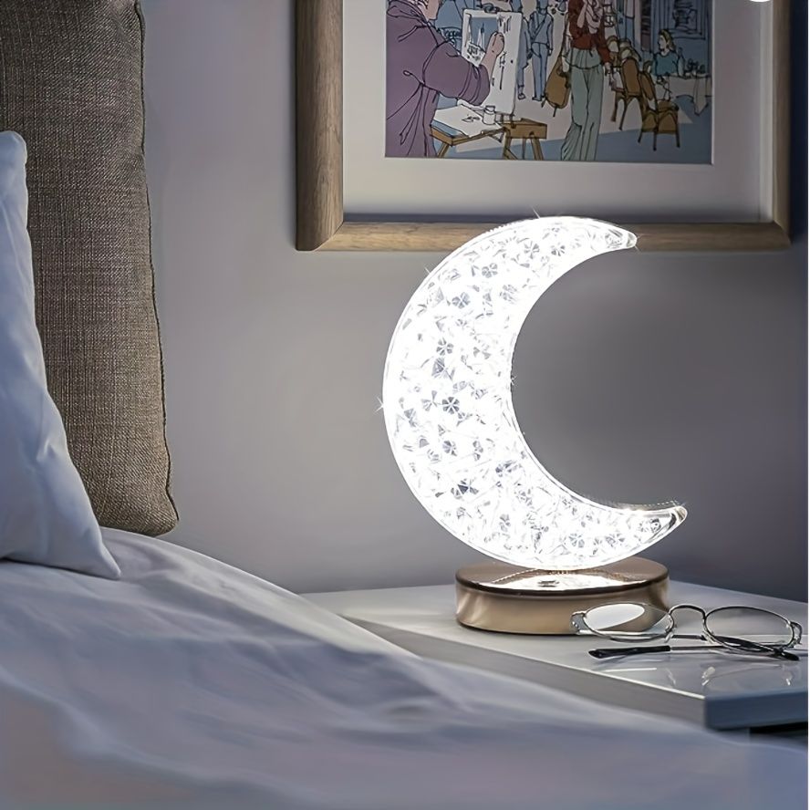 Crystal Lamp Moon Shape, Bedroom Touch Lamp, 3 Colors, Infinitely Dimmable Bedside Table Lamp, Suitable For Living Room Christmas Decoration