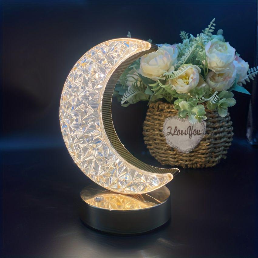 Crystal Lamp Moon Shape, Bedroom Touch Lamp, 3 Colors, Infinitely Dimmable Bedside Table Lamp, Suitable For Living Room Christmas Decoration