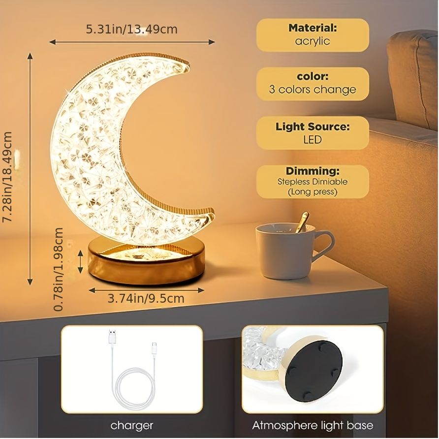 Crystal Lamp Moon Shape, Bedroom Touch Lamp, 3 Colors, Infinitely Dimmable Bedside Table Lamp, Suitable For Living Room Christmas Decoration