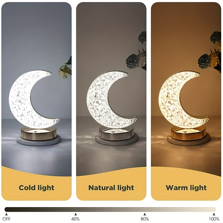 Crystal Lamp Moon Shape, Bedroom Touch Lamp, 3 Colors, Infinitely Dimmable Bedside Table Lamp, Suitable For Living Room Christmas Decoration