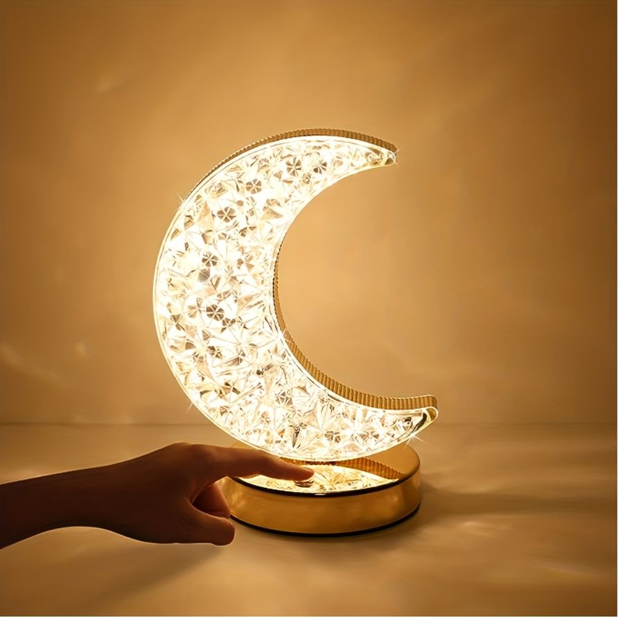Crystal Lamp Moon Shape, Bedroom Touch Lamp, 3 Colors, Infinitely Dimmable Bedside Table Lamp, Suitable For Living Room Christmas Decoration