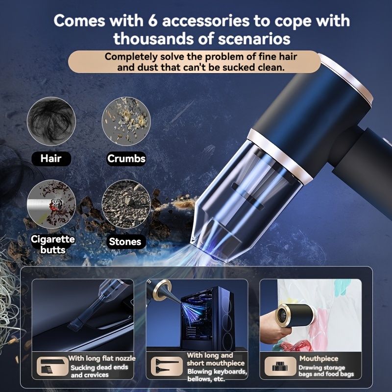 Handheld cordless vacuum cleaner with integrated blower, compact car vacuum for small computers, 6000Pa suction power. Suitable for home use, office cleaning, pet hair removal, and travel.