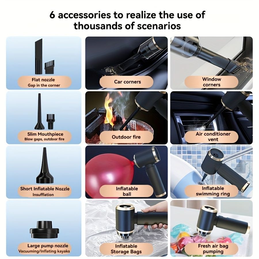 Handheld cordless vacuum cleaner with integrated blower, compact car vacuum for small computers, 6000Pa suction power. Suitable for home use, office cleaning, pet hair removal, and travel.
