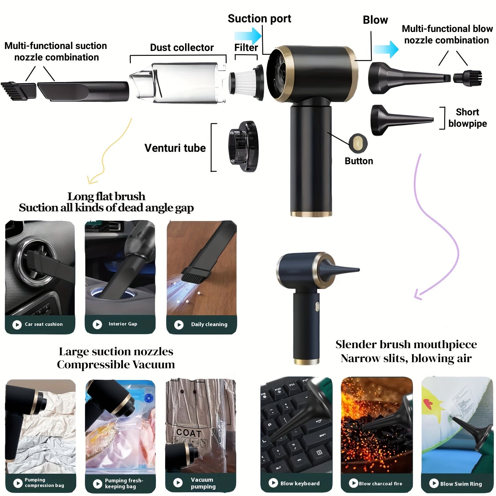 Handheld cordless vacuum cleaner with integrated blower, compact car vacuum for small computers, 6000Pa suction power. Suitable for home use, office cleaning, pet hair removal, and travel.