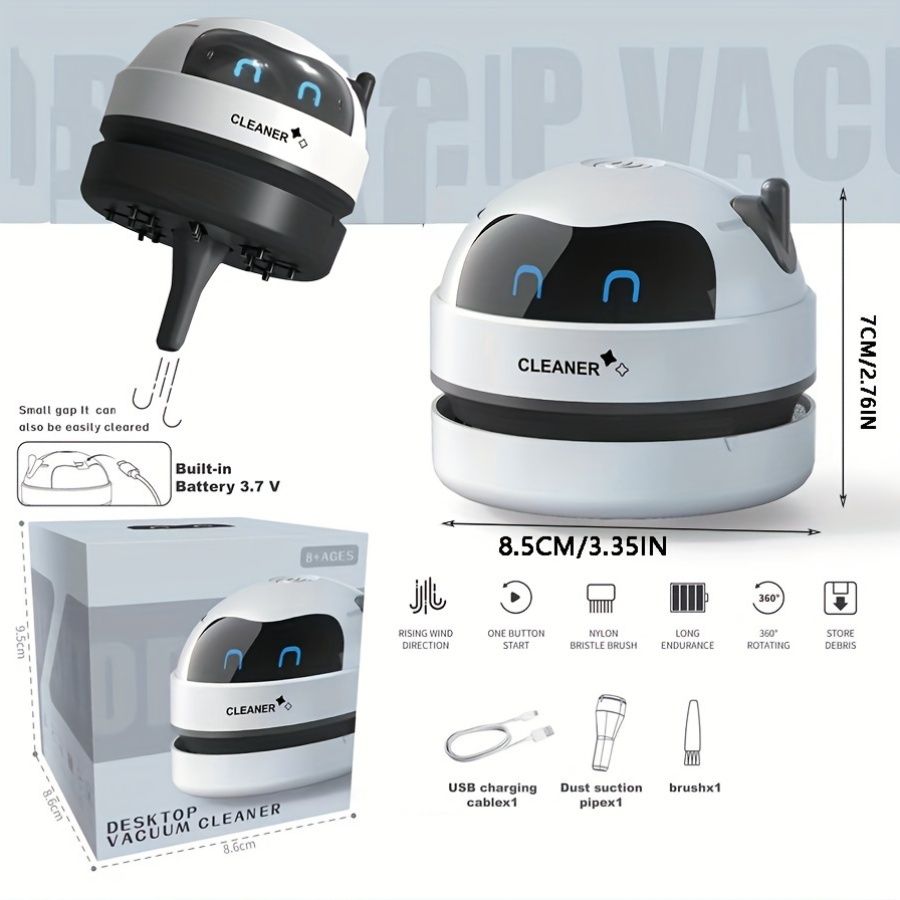 A Mini Desktop Vacuum Cleaner, Portable And Small, Powered by a Rechargeable USB Battery, Featuring a Cute Robot Design for Cleaning Desks Quietly, Picking Up Small Items Like Eraser Shavings And Debr
