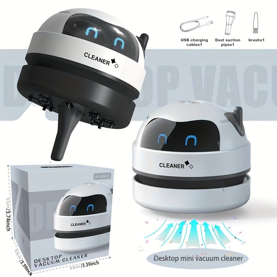 A Mini Desktop Vacuum Cleaner, Portable And Small, Powered by a Rechargeable USB Battery, Featuring a Cute Robot Design for Cleaning Desks Quietly, Picking Up Small Items Like Eraser Shavings And Debr