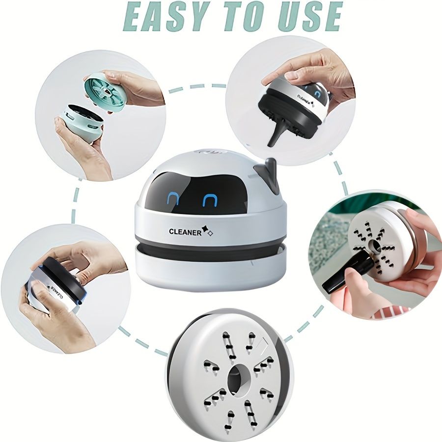 A Mini Desktop Vacuum Cleaner, Portable And Small, Powered by a Rechargeable USB Battery, Featuring a Cute Robot Design for Cleaning Desks Quietly, Picking Up Small Items Like Eraser Shavings And Debr