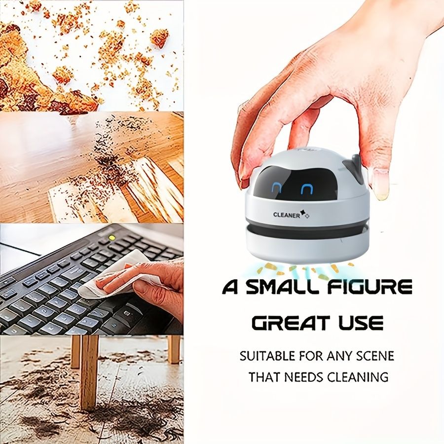 A Mini Desktop Vacuum Cleaner, Portable And Small, Powered by a Rechargeable USB Battery, Featuring a Cute Robot Design for Cleaning Desks Quietly, Picking Up Small Items Like Eraser Shavings And Debr