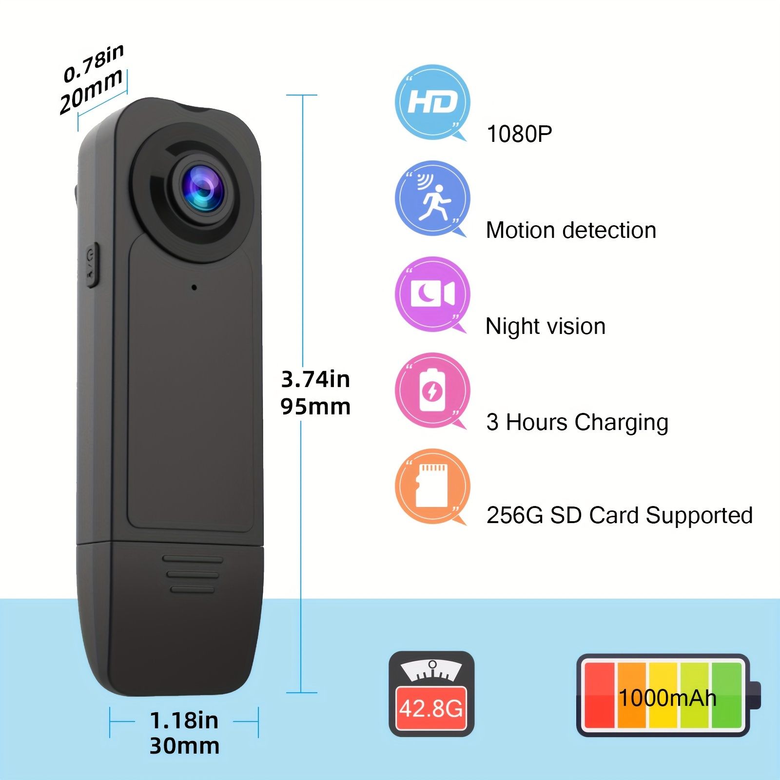 1080P Full HD camcorder, motion detection with night vision, wearable camcorder, outdoor camcorder for daily recording, cycling, delivery/service work
