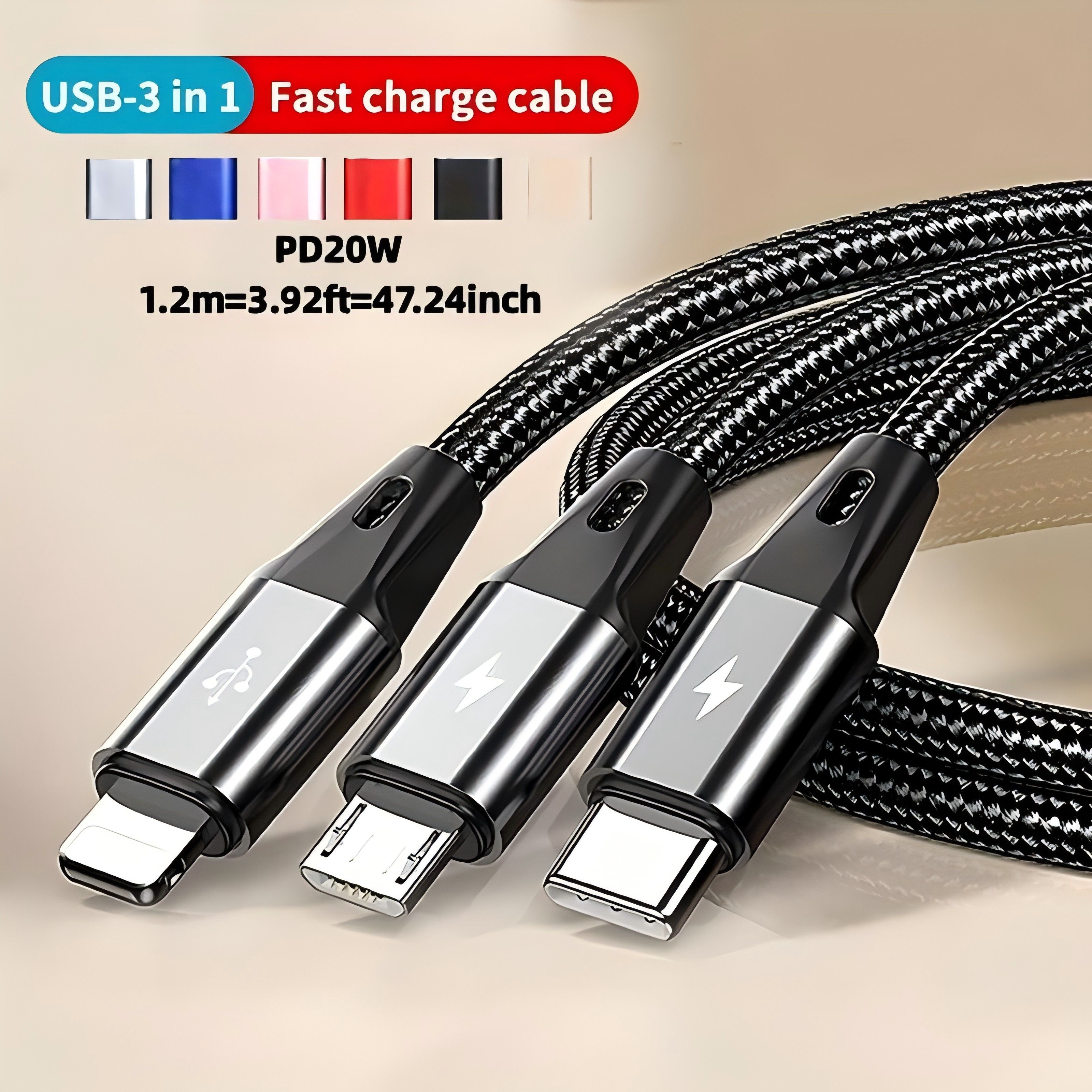 1.2m 3-in-1 Multi-Functional USB Flash Charging Cable - Compatible with iPhone 14, 13, 12 Pro Max, Xs Max, Samsung, Redmi, One Plus, USB-C Mobile Phones with Type-C and Micro USB Connectors