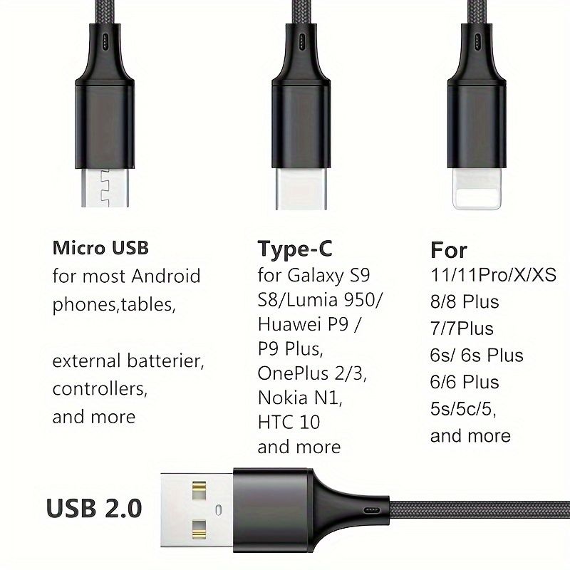 1.2m 3-in-1 Multi-Functional USB Flash Charging Cable - Compatible with iPhone 14, 13, 12 Pro Max, Xs Max, Samsung, Redmi, One Plus, USB-C Mobile Phones with Type-C and Micro USB Connectors