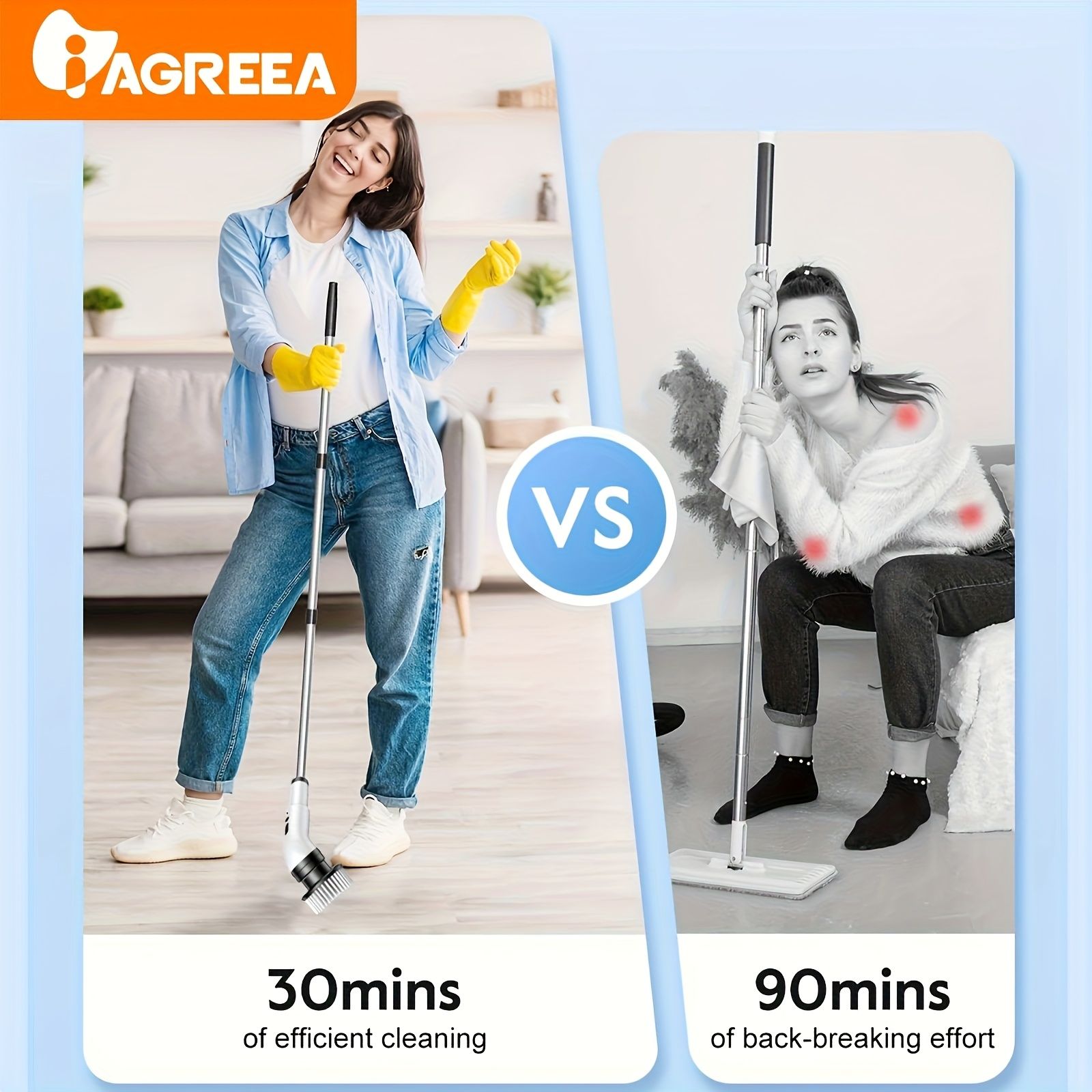 Electric rotary scrubber with 3 adjustable speeds, cordless electric rotary cleaning brush, handheld shower with 9 replaceable brush heads, adjustable extended handle, suitable for tiles, bathtub