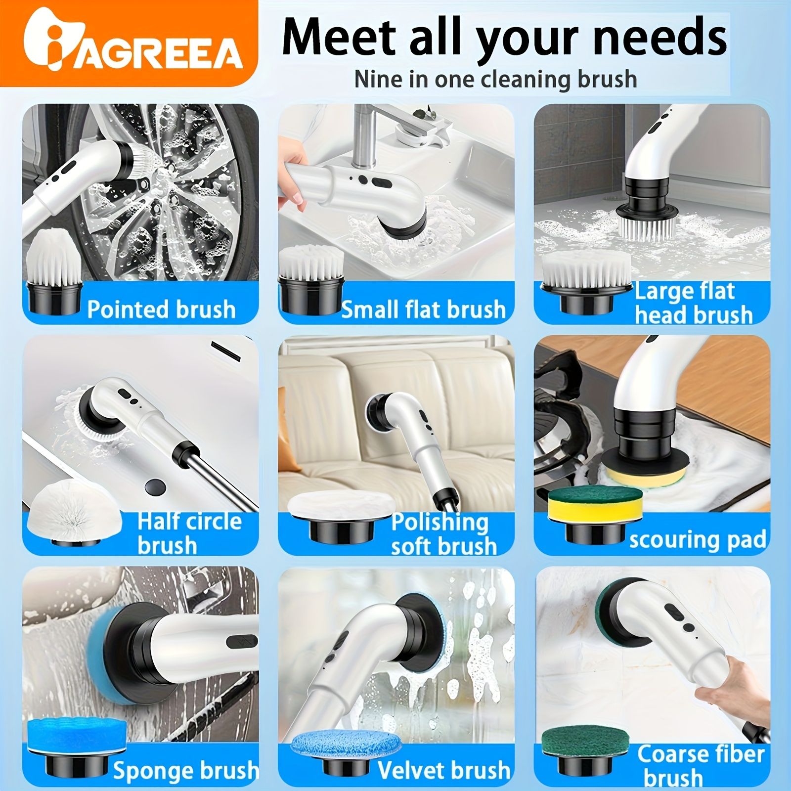 Electric rotary scrubber with 3 adjustable speeds, cordless electric rotary cleaning brush, handheld shower with 9 replaceable brush heads, adjustable extended handle, suitable for tiles, bathtub