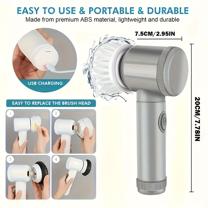 Electric Cleaning Brush with 5 Brush Heads, USB Rechargeable, 500mAh, Handheld Cleaner, Portable and Compact