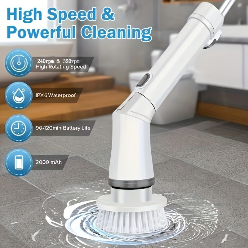 Set 6 Replaceable Brush Heads, 90-120Min Running Time Full Floor Bathroom Scrubber, 240/320RPM Cordless Power Scrubber, USB-C Charging Line Rotary
