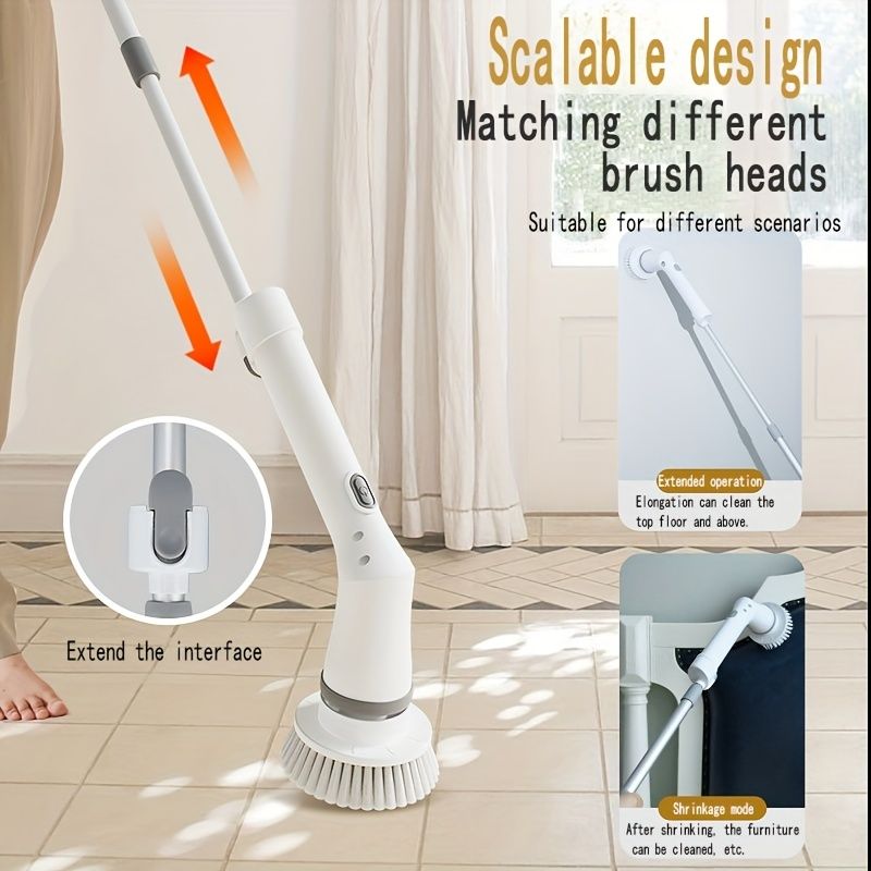 Set 6 Replaceable Brush Heads, 90-120Min Running Time Full Floor Bathroom Scrubber, 240/320RPM Cordless Power Scrubber, USB-C Charging Line Rotary