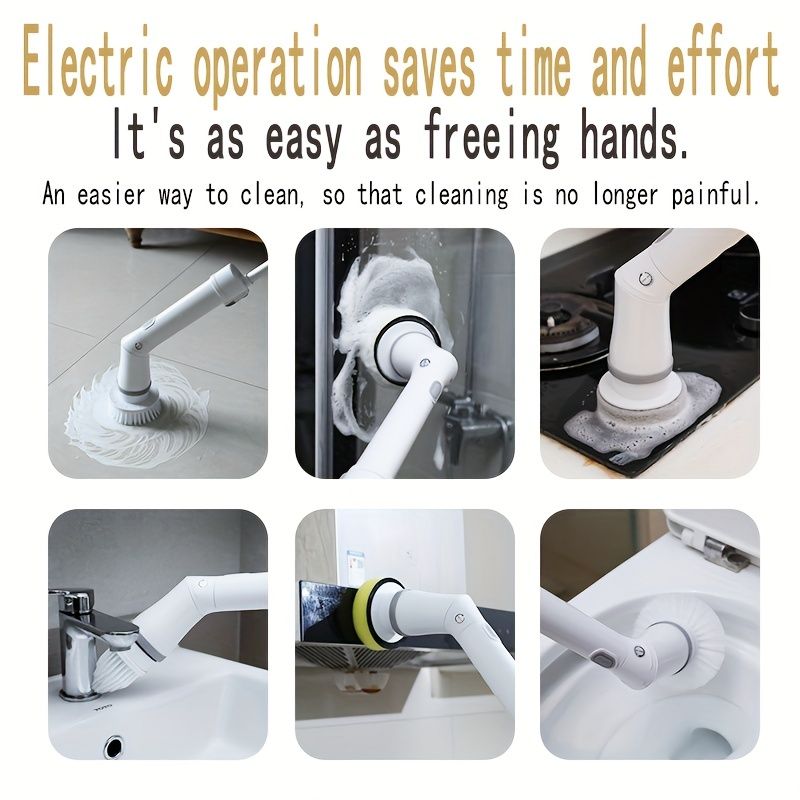 Set 6 Replaceable Brush Heads, 90-120Min Running Time Full Floor Bathroom Scrubber, 240/320RPM Cordless Power Scrubber, USB-C Charging Line Rotary