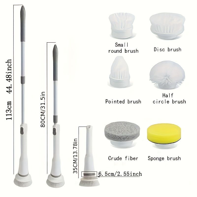 Set 6 Replaceable Brush Heads, 90-120Min Running Time Full Floor Bathroom Scrubber, 240/320RPM Cordless Power Scrubber, USB-C Charging Line Rotary