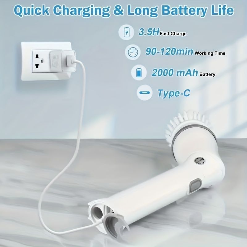 Set 6 Replaceable Brush Heads, 90-120Min Running Time Full Floor Bathroom Scrubber, 240/320RPM Cordless Power Scrubber, USB-C Charging Line Rotary