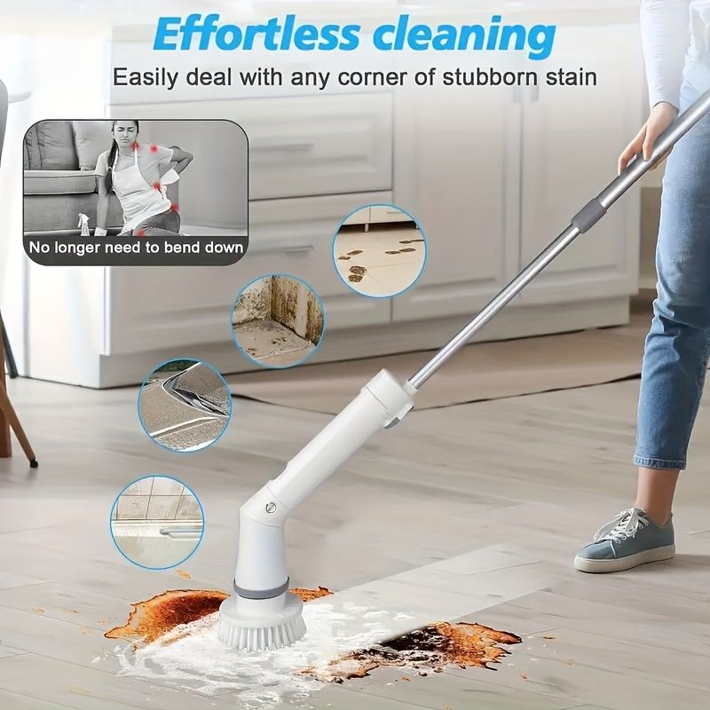 Set 6 Replaceable Brush Heads, 90-120Min Running Time Full Floor Bathroom Scrubber, 240/320RPM Cordless Power Scrubber, USB-C Charging Line Rotary