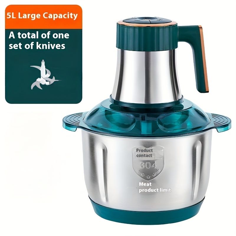 5L Large Capacity Green Electric Meat Grinder for Home Use, Stainless Steel Multifunctional Mixer with 6-Blade Design, 500W Powerful Processor