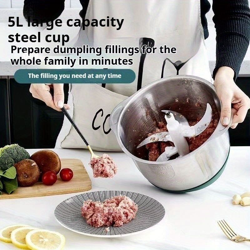 5L Large Capacity Green Electric Meat Grinder for Home Use, Stainless Steel Multifunctional Mixer with 6-Blade Design, 500W Powerful Processor