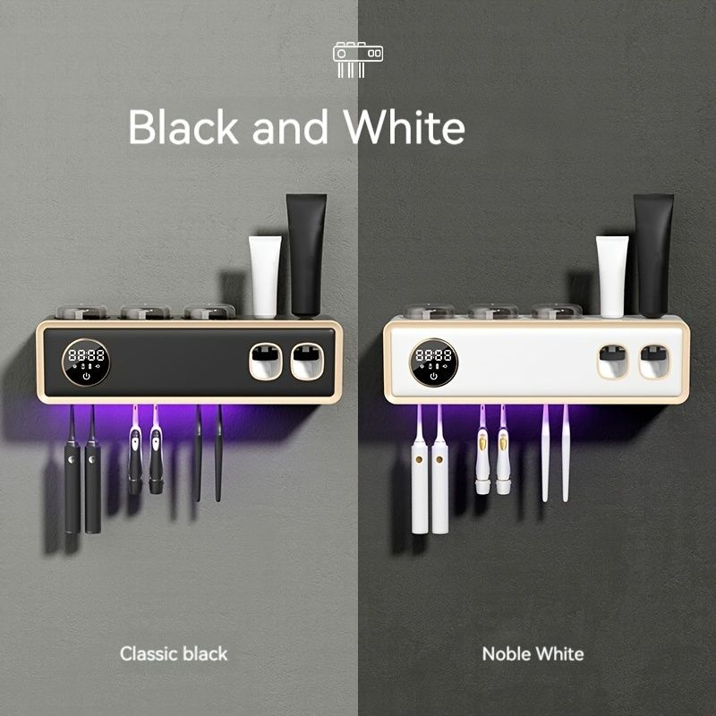 Wall-Mounted UV Toothbrush Holder, Automatic Toothpaste Dispenser, No-Drill Plastic Organizer with USB Rechargeable Battery, Modern Design for Bathroom Decor, Toothbrush Holder