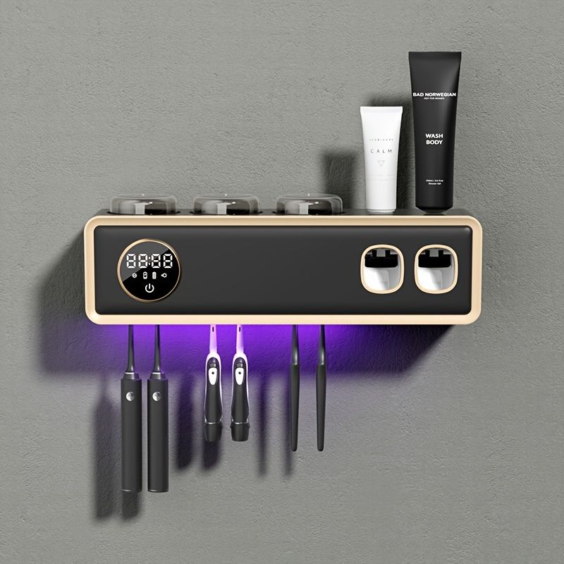 Wall-Mounted UV Toothbrush Holder, Automatic Toothpaste Dispenser, No-Drill Plastic Organizer with USB Rechargeable Battery, Modern Design for Bathroom Decor, Toothbrush Holder