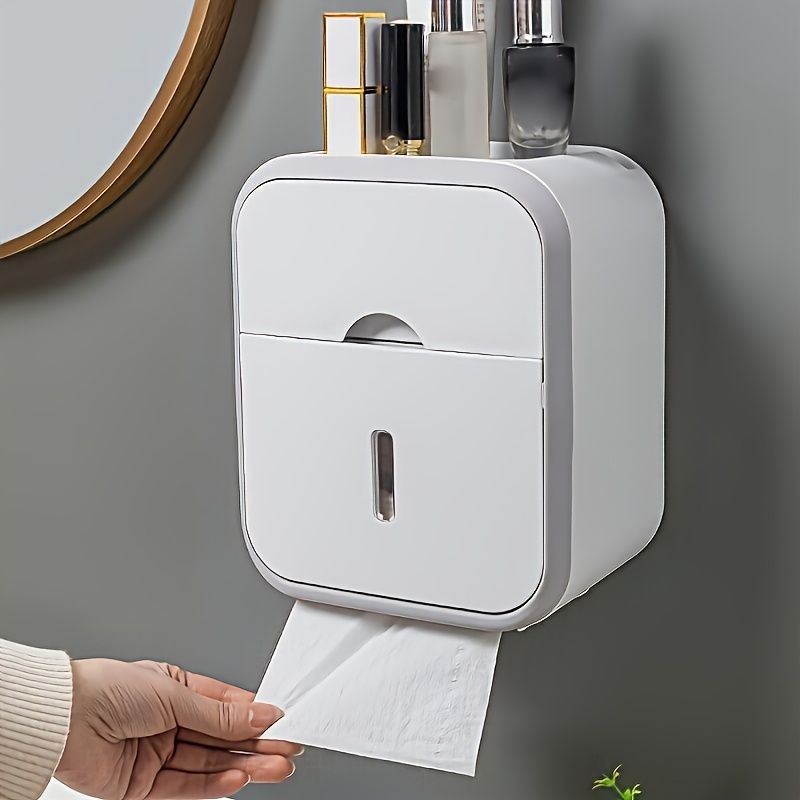 1pc Wall-Mounted Toilet Paper Holder - Double-Layer Waterproof Plastic Tissue Box with No-Drill Installation, Modern Rectangular Design for Bathroom Organization, Toilet Paper Holder for Bathroom