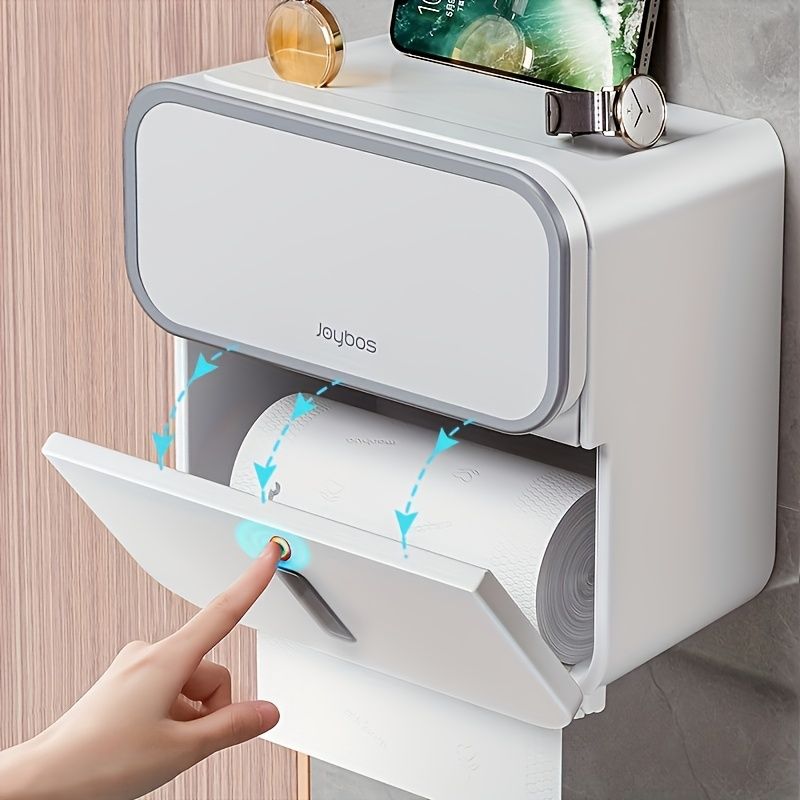 1pc Wall-Mounted Toilet Paper Holder - Double-Layer Waterproof Plastic Tissue Box with No-Drill Installation, Modern Rectangular Design for Bathroom Organization, Toilet Paper Holder for Bathroom