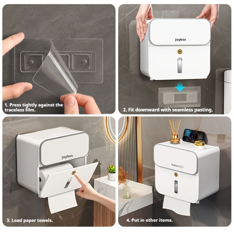 1pc Wall-Mounted Toilet Paper Holder - Double-Layer Waterproof Plastic Tissue Box with No-Drill Installation, Modern Rectangular Design for Bathroom Organization, Toilet Paper Holder for Bathroom