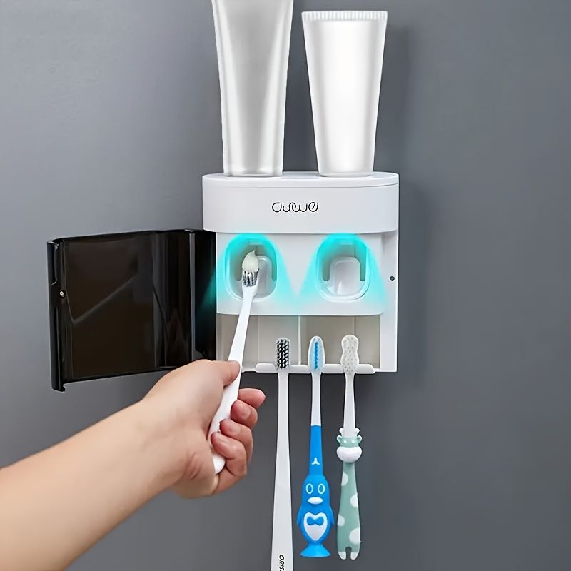 1pc Wall-Mounted Toothbrush Holder with Toothpaste Dispenser, Dustproof Cover, 2-in-1 Toothpaste Squeezer and Toothbrush Organizer, Plastic Bathroom and Washroom Accessory, Toothbrush Organizer