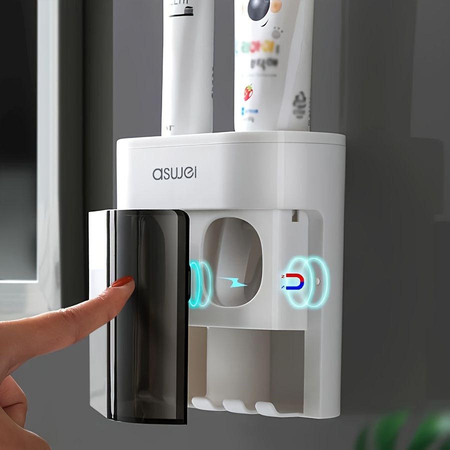 1pc Wall-Mounted Toothbrush Holder with Toothpaste Dispenser, Dustproof Cover, 2-in-1 Toothpaste Squeezer and Toothbrush Organizer, Plastic Bathroom and Washroom Accessory, Toothbrush Organizer