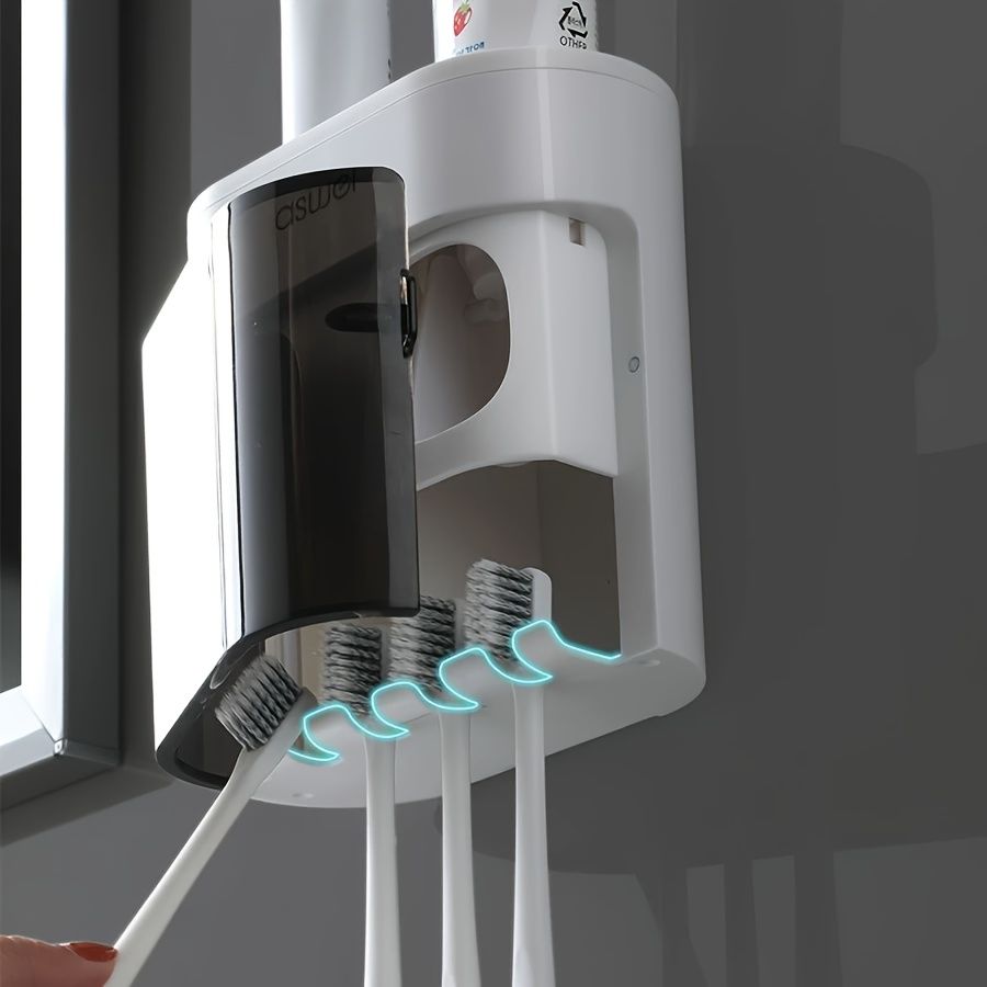 1pc Wall-Mounted Toothbrush Holder with Toothpaste Dispenser, Dustproof Cover, 2-in-1 Toothpaste Squeezer and Toothbrush Organizer, Plastic Bathroom and Washroom Accessory, Toothbrush Organizer